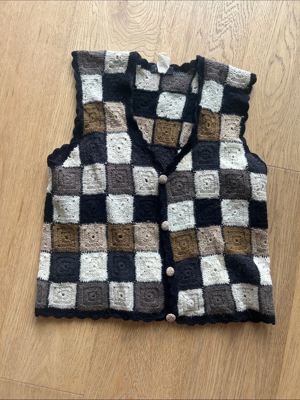 Vintage Handmade Crocheted Checkerboard Vest in Black, Cream & Brown
